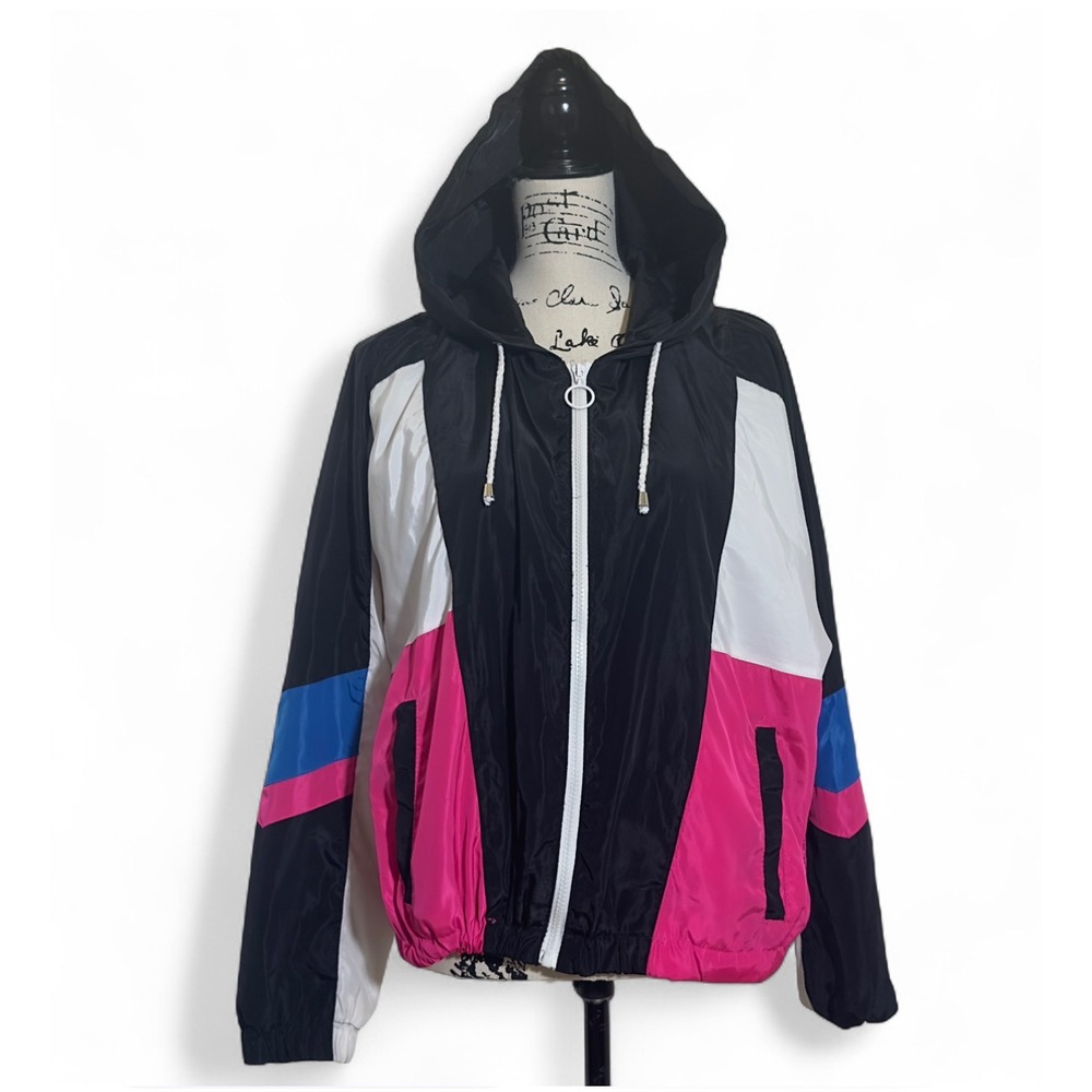 LOOK Windbreaker Jacket Color Block‎ Full Zip Hooded Lightweight Pink Black